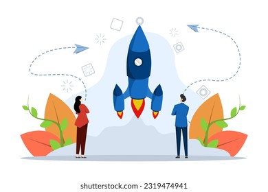 Start Up Idea Concept, Showing workspace building rocket like startup company, Suitable for landing page, ui, web, app intro card, editorial, flyer and banner. flat vector illustration.