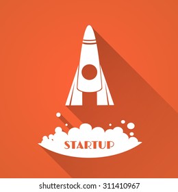 Start up idea, the flat abstract rocket launch with the inscription, conceptual illustration, vector logo