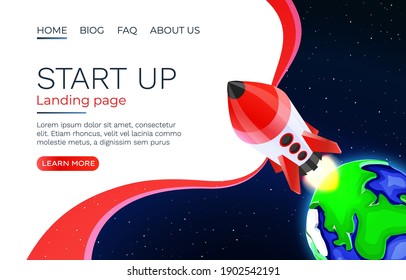 Start up idea Landing page screen, development technology, rocket banner. Vector illustration