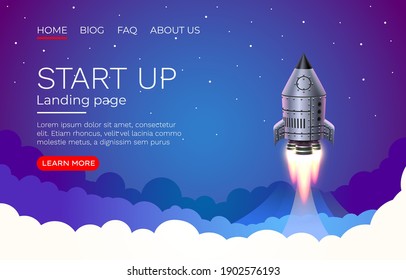 Start up idea Landing page screen, development technology, rocket banner. Vector illustration