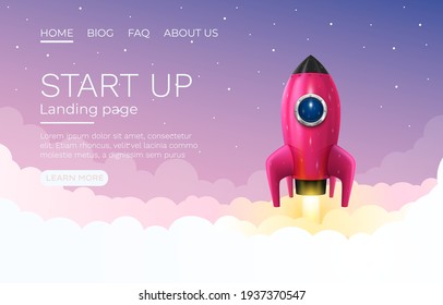 Start up idea Landing page screen, development technology, rocket banner. Vector illustration