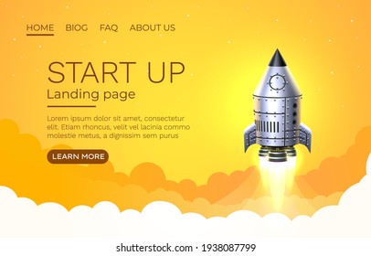 Start up idea Landing page screen, development technology, rocket banner. Vector illustration