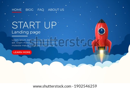 Start up idea Landing page screen, development technology, rocket banner. Vector illustration