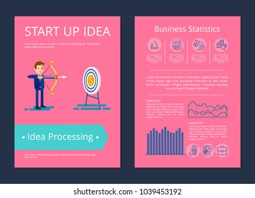 Start up idea and processing, businessman shooting with bow in target which is money, text and icons with charts vector illustration