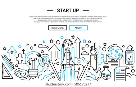 Start Up - Illustration Of Vector Modern Plain Line Design Composition And Infographics Elements With A Shuttle Launch Scene. Header, Banner For Your Site.