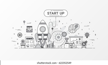 Start up info graphic design concept. Horizontal composition template. Thin line art style design for business start up. For website header, banners and layout template. Vector illustration.