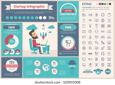 Start up infographic template and elements. The template includes illustrations of hipster men and huge awesome set of thin line icons. Modern minimalistic flat vector design.