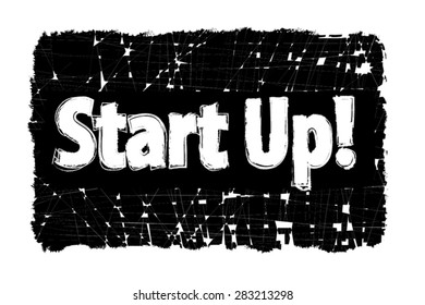 Start Up - Innovation Concept text on black grunge scratched texture, paint by brush. Business idea illustration as stamp, white on black. Vector clip art, Eps 8, isolated on white.
