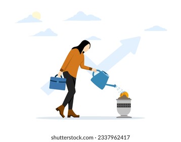 Start investing. Invest in the stock market or wait for profits. Invest in work assignments. Dollar seeds watered by businesswoman, flat vector illustration on a white background.