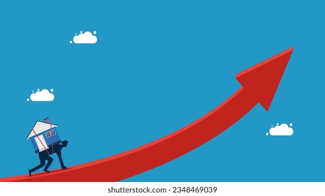 Start investing in real estate. Businessman with home getting ready to run on growing arrow 