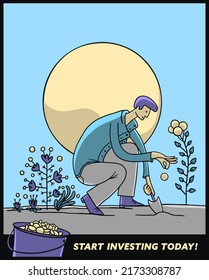 Start investing today - Financial planning concept. Illustration of a man seeding a coin for investment