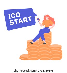 Start of ISO. A girl with a megaphone sits on top of a stack of coins. Blockchain technology. Initial coin offering. Vector flat illustration. 