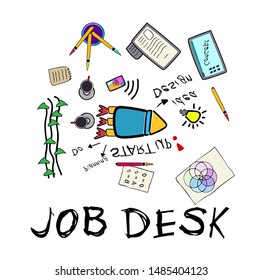start up job desk concept with doodle style 