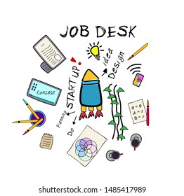start up job desk concept with doodle style 