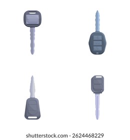 Iniciar iconos clave conjunto de Vector de dibujos animados. Electrónica frente de la llave del coche y sistema de alarma. Dispositivo de coche