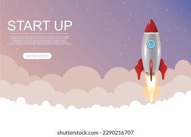 Start up landing page screen idea, development technology, rocket banner. Vector illustration.