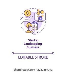 Start landscaping business concept icon. Garden design. Home based job for women abstract idea thin line illustration. Isolated outline drawing. Editable stroke. Arial, Myriad Pro-Bold fonts used