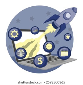 Start up Launch Concept. A rocket launching from a laptop, symbolizing start up development, technology progression, and online business innovation. Flat vector modern illustration 