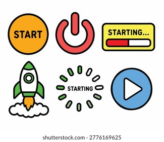 Start launch icon set play button power loading rocket progress outline style