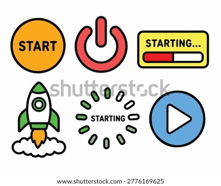 Start launch icon set play button power loading rocket progress outline style