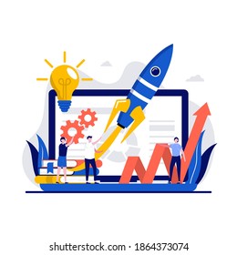 Start up launch, venture, entrepreneurship concept with tiny character. Development process of new business project abstract vector illustration set. Innovation product, creative idea metaphor.