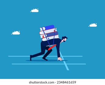 Start learning. Businessman starting a running race with book 