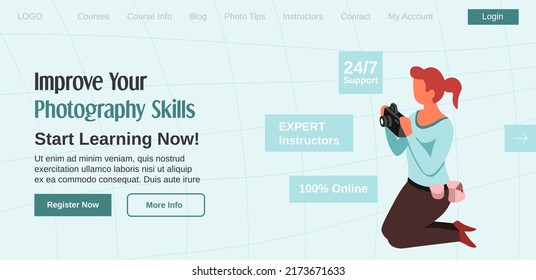 Start learning now, improve your photography skills with courses for beginners and experienced people. Professional and personal growth, modern classes and lessons in groups. Vector in flat style