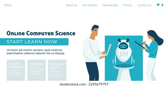 Start learning online computer science, courses and lessons to obtain knowledge and education. Classes and specialist skills. Website landing page template, internet site. Vector in flat style