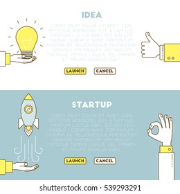Start up line design. Creating of an idea and launching startup project, thumb up and ok banners.
