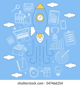 Start up line design.Launch of rocket on a multiple business icons background
