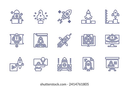 Start up line icon set. Editable stroke. Vector illustration. Containing start up, startup, deployment, idea, launch, presentation, space ship, rocket.