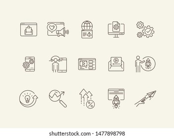 Start line icon set. Launch, gear, rocket, computer. Business concept. Can be used for topics like project, internet marketing, seo, startup