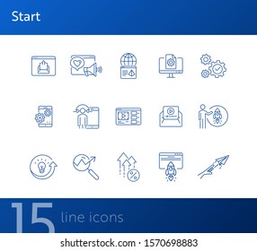 Start line icon set. Launch, gear, rocket, computer. Business concept. Can be used for topics like project, internet marketing, seo, startup
