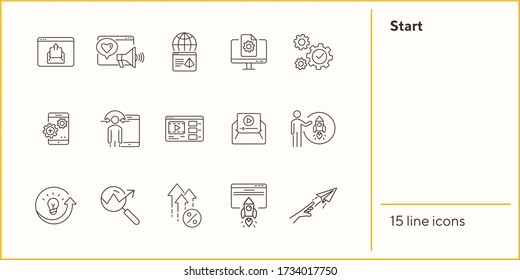 Conjunto de iconos de línea de inicio. Lanzamiento, equipo, cohete, computadora. Concepto de negocio. Se puede usar para temas como proyectos, marketing en internet, seo, inicio