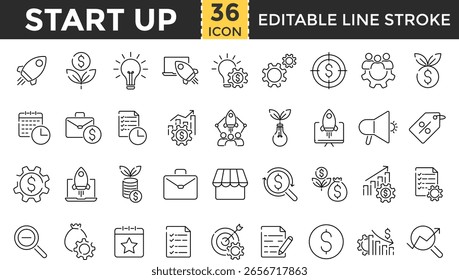 Start up line icon set. Pixel perfect. startup outline icons collection, Pixel Perfect, Editable Stroke. Startup Launch, rocket, project, development symbol collections