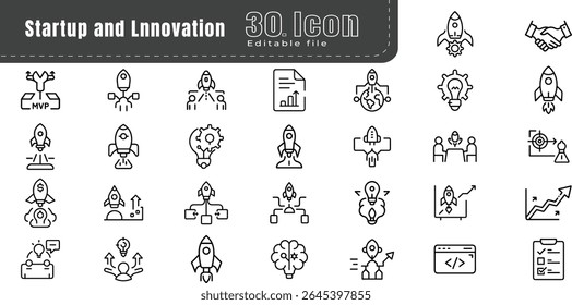 Start Up Line Icon Set. Thin line vector icon. For Mobile and Web. startup, launch, icon symbol, speed, growth, beginnings, development, spaceship, planning, innovation,