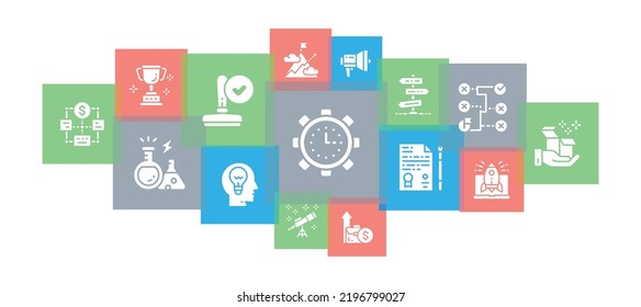 Start up line icons banner. Time management, idea generation, presentation promotion illustration for ecommerce banner.