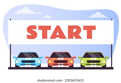 Start line sport car race speedway track automobile concept. Vector cartoon graphic design element illustration