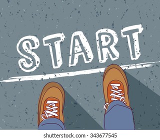 Start line young man begin way. Man standing  on the road. Color vector illustration. EPS8 