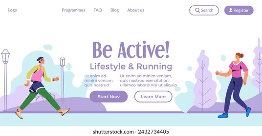 Start living actively and enjoy healthy body. Be active and begin running. Program for beginners, learn more about initiative, log in. Website landing page, internet site. Vector in flat style