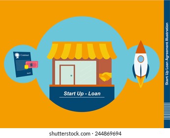 Start Up - Loan Agreement Illustration, Flat Design of a Storefront with plenty writing Space on the Foundation Wall