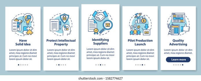 Start Local Production Onboarding Mobile App Page Screen, Linear Concepts. Have Solid Idea. Identifying Suppliers. Five Walkthrough Steps Graphic Instruction. UX, UI, GUI Vector Template, Illustration