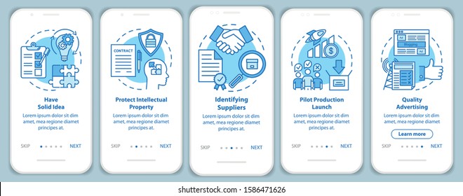 Start Local Production Onboarding Mobile App Page Screen, Linear Concepts. Identifying Suppliers. Have Solid Idea. Five Walkthrough Steps Graphic Instruction. UX, UI, GUI Vector Template, Illustration