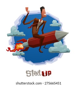 Start Up Man on Rocket label. vector