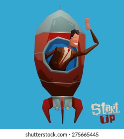Start Up Man in Rocket. vector