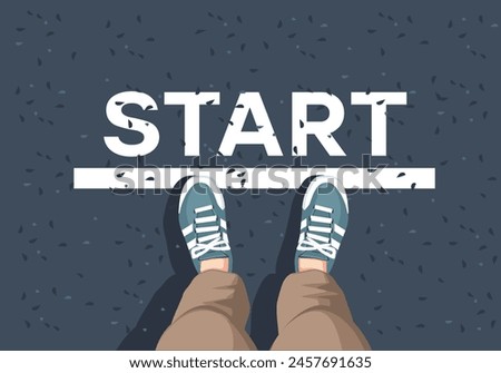 Start. man with a sneakersis standing next to line and word START 
