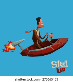 Start Up Man in Spaceship. vector