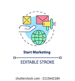 Start marketing concept icon. Promotional campaign. Export business tips abstract idea thin line illustration. Isolated outline drawing. Editable stroke. Arial, Myriad Pro-Bold fonts used