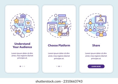 Start micro community for business onboarding mobile app screen. Walkthrough 3 steps editable graphic instructions with linear concepts. UI, UX, GUI template. Myriad Pro-Bold, Regular fonts used