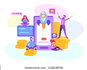 Start up of a mobile application, creation of a mobile online project, teamwork of web designers, programmers and analysts. Vector illustration for social media, advertising posters, blogging.